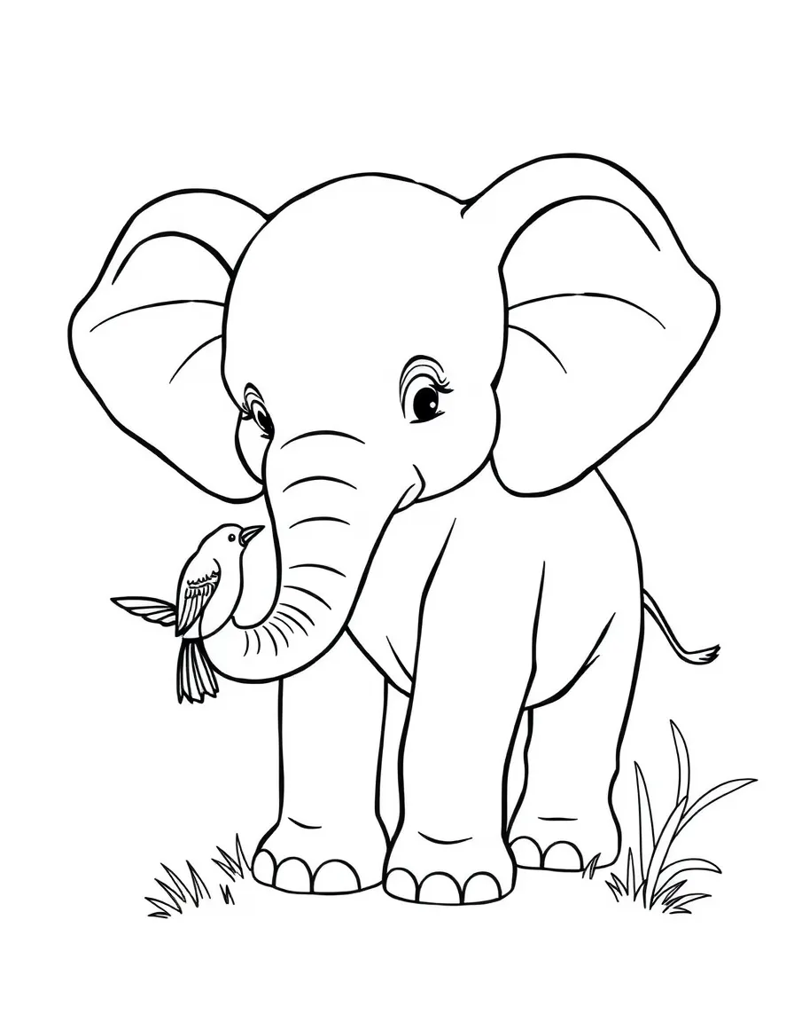 An elephant calf playing with a bird.