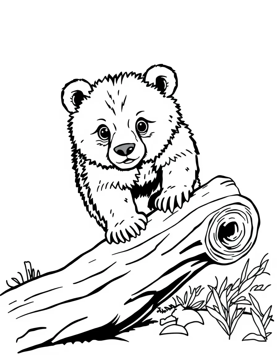 A bear cub climbing a fallen log.