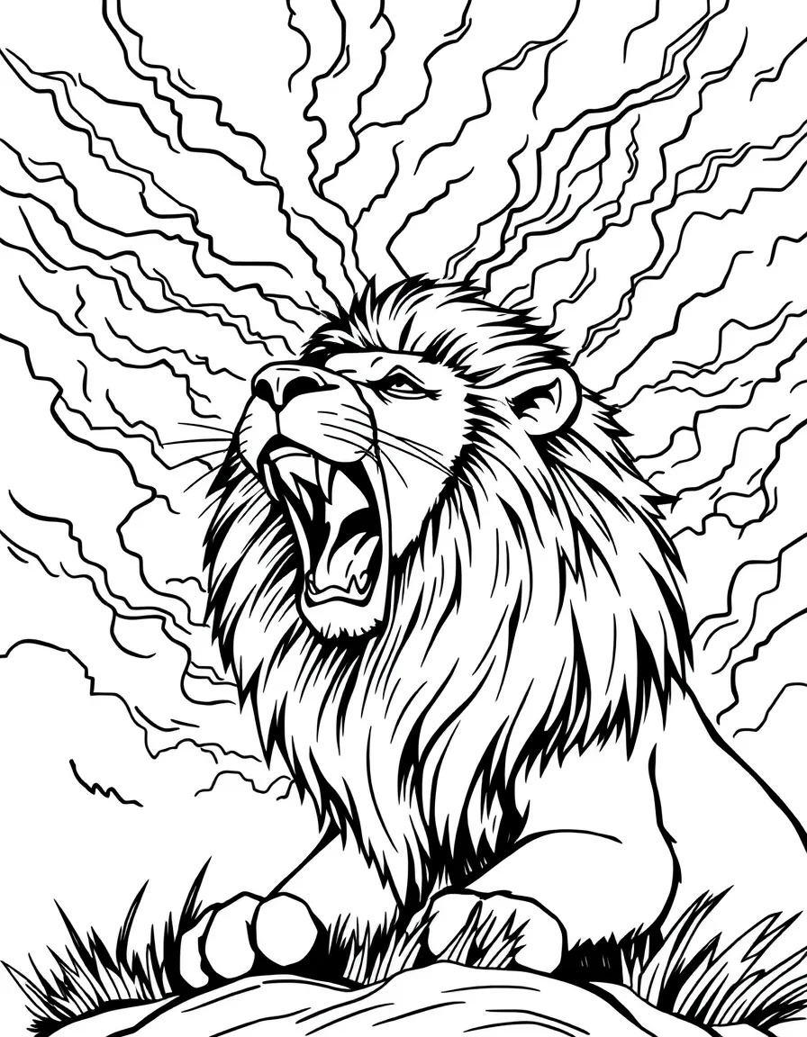 A lion roaring at a stormy sky.