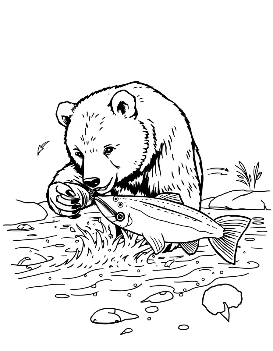 A bear catching fish in a sparkling river.