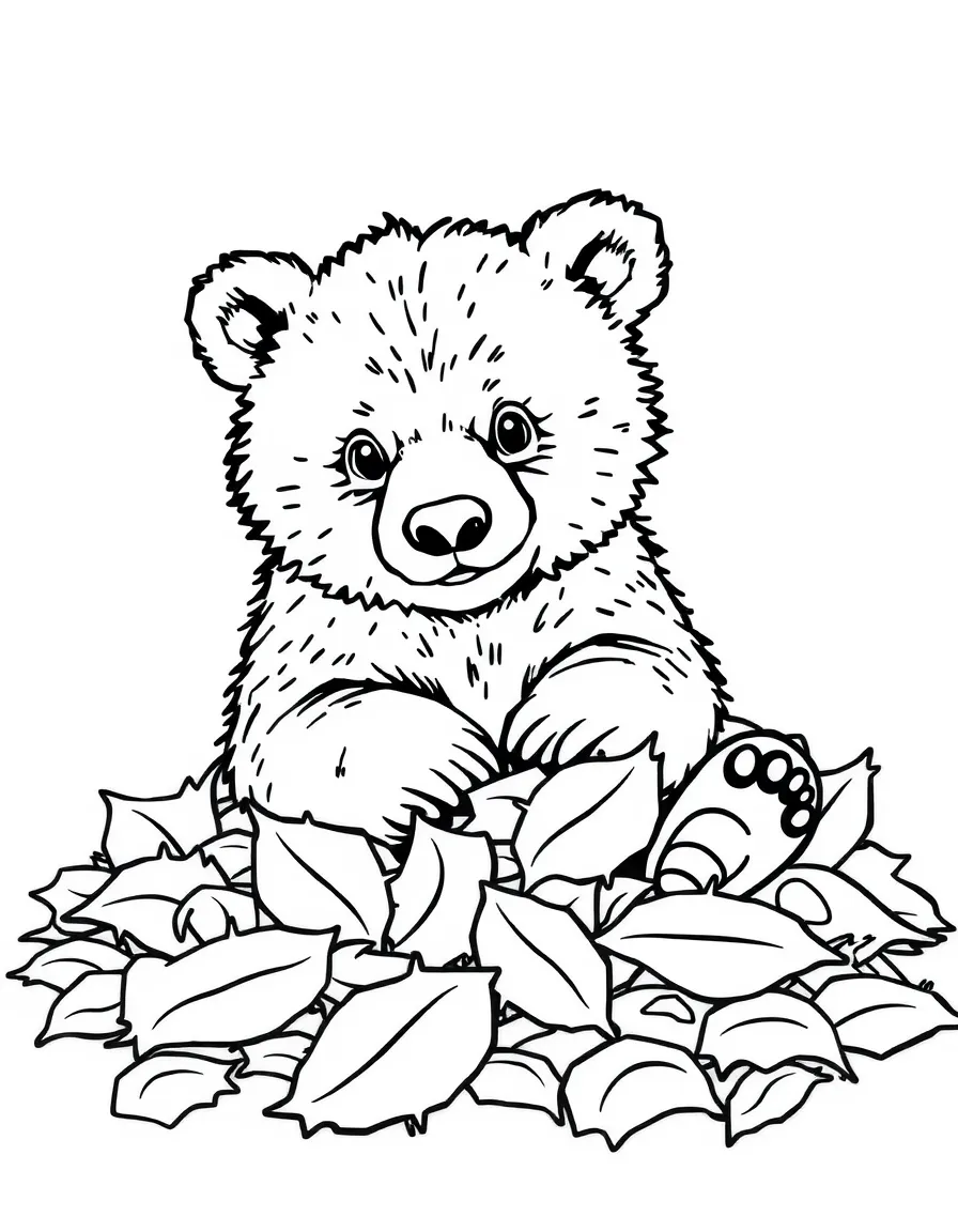 A bear cub playing in a pile of leaves.