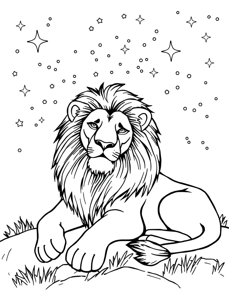 A lion resting under a starry sky.