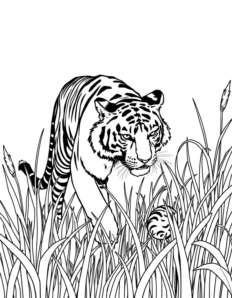A tiger stalking prey in tall grass.