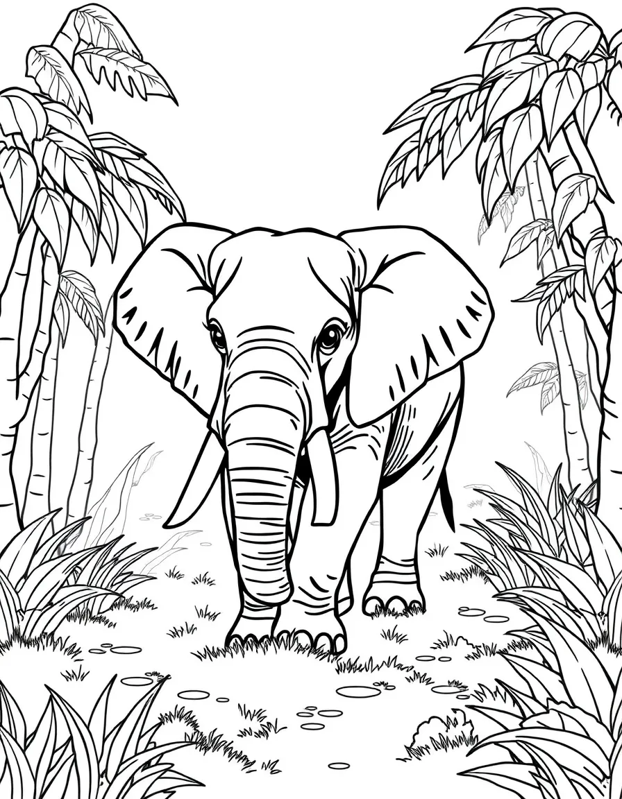 An elephant walking through a misty jungle.