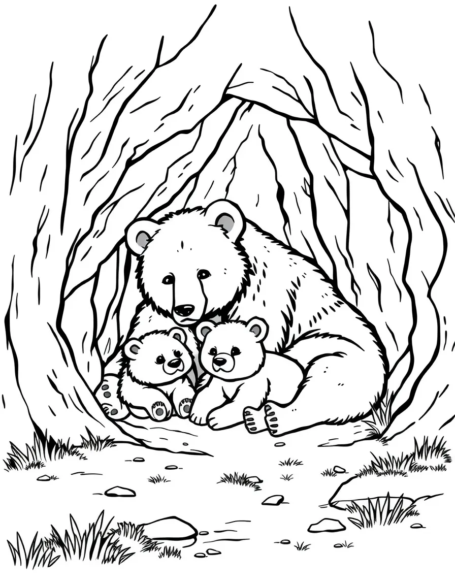 A bear family resting in a cave.
