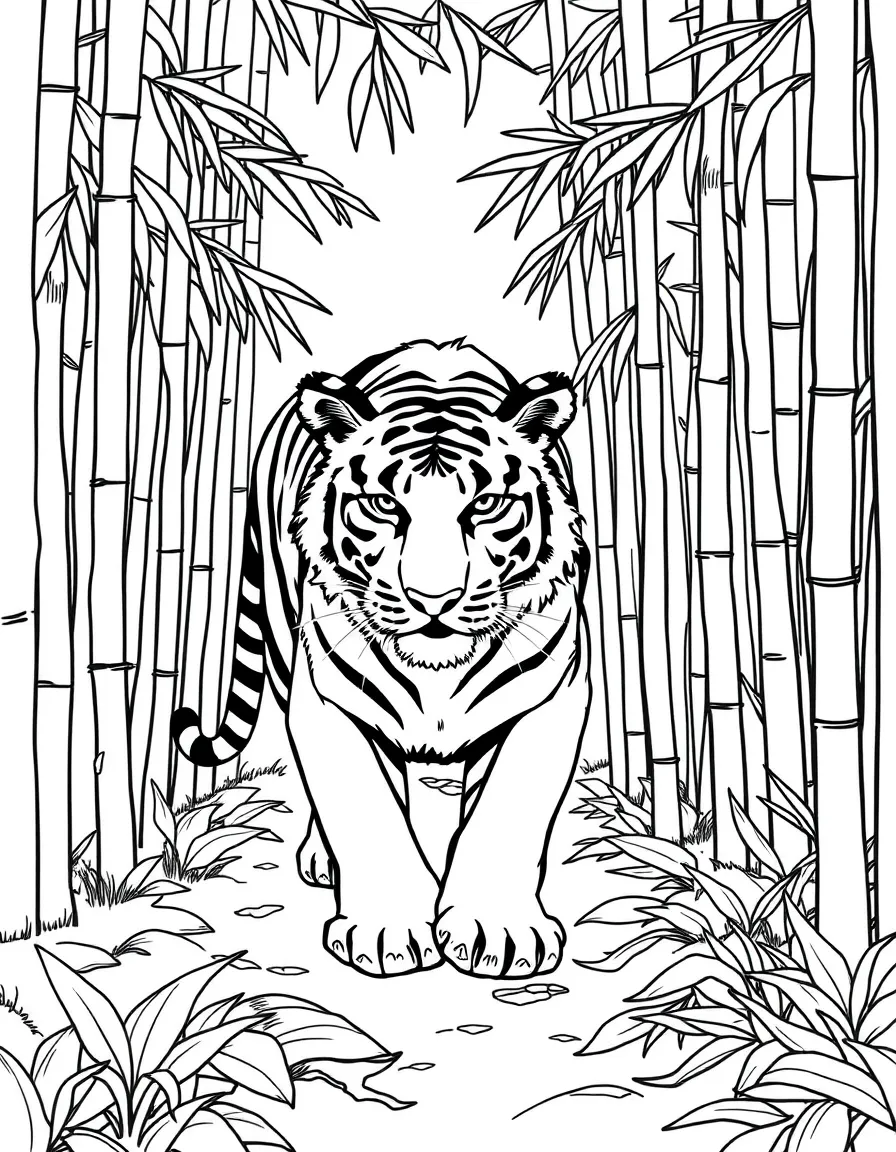 A tiger walking through a bamboo forest.