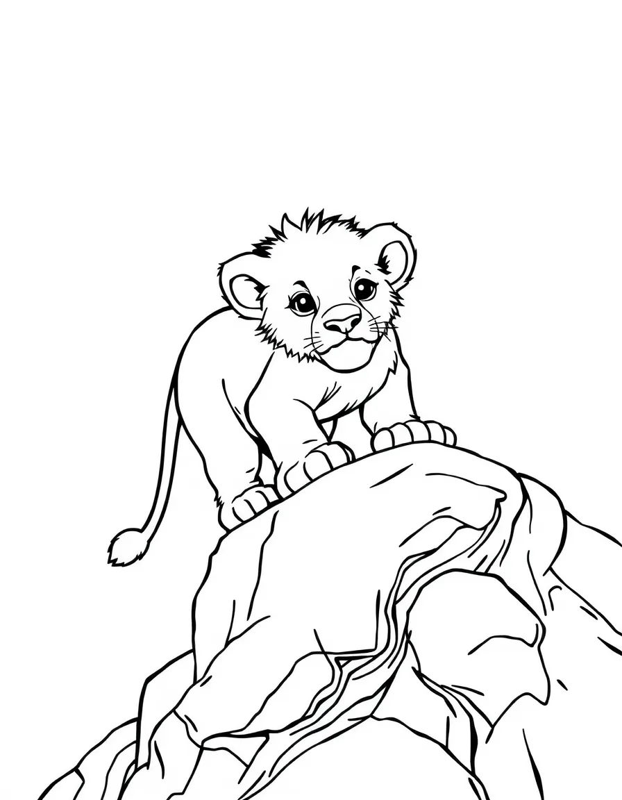 A lion cub exploring a rocky outcrop.