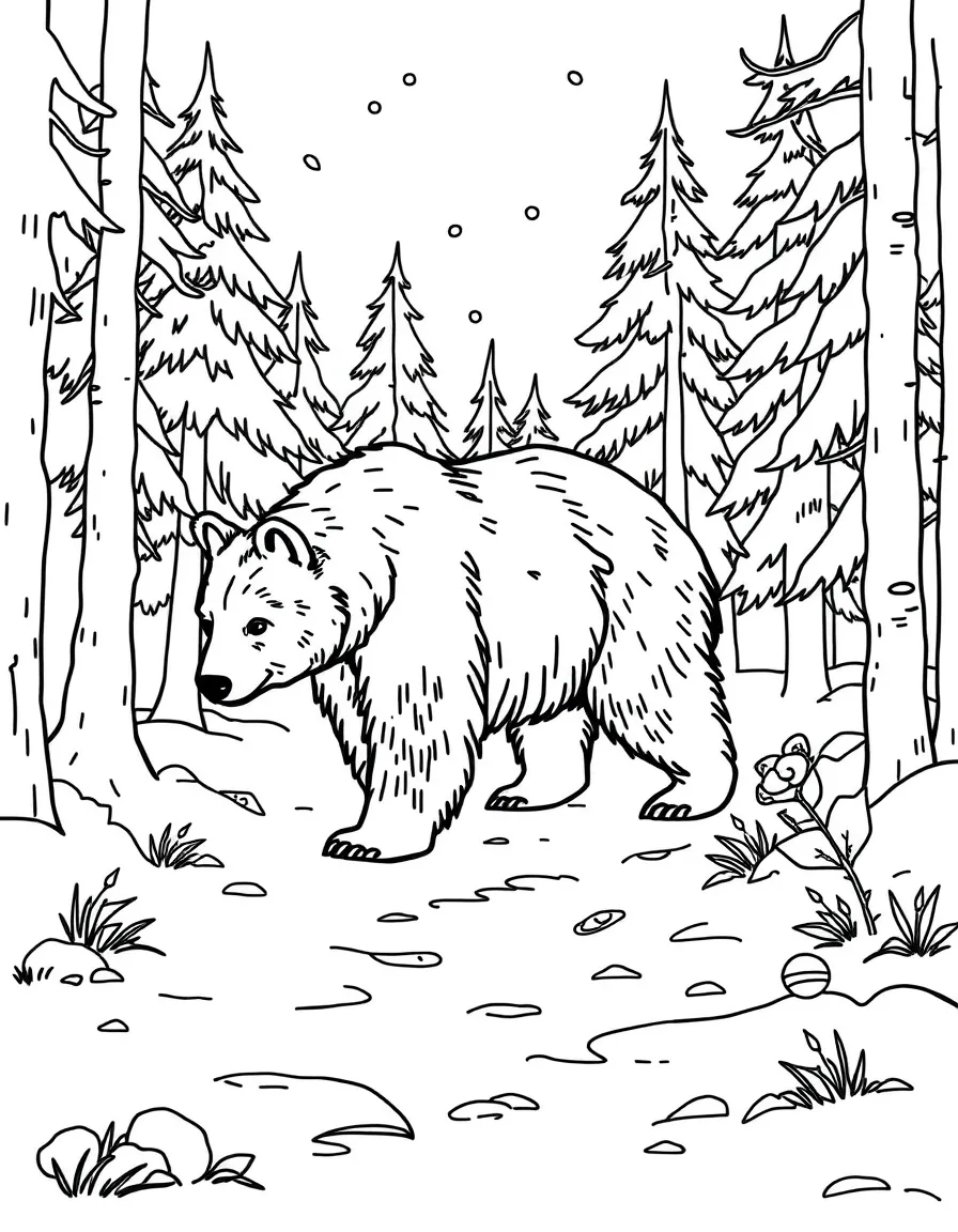A bear walking through a snowy forest.