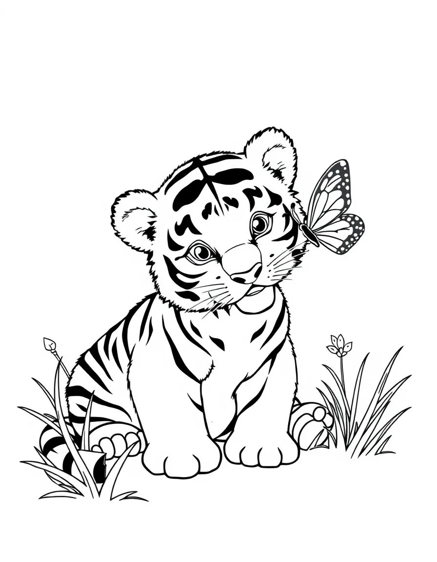 A tiger cub playing with a butterfly.