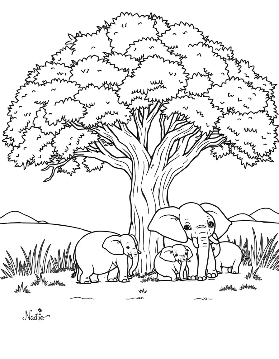 An elephant family resting under a large tree.