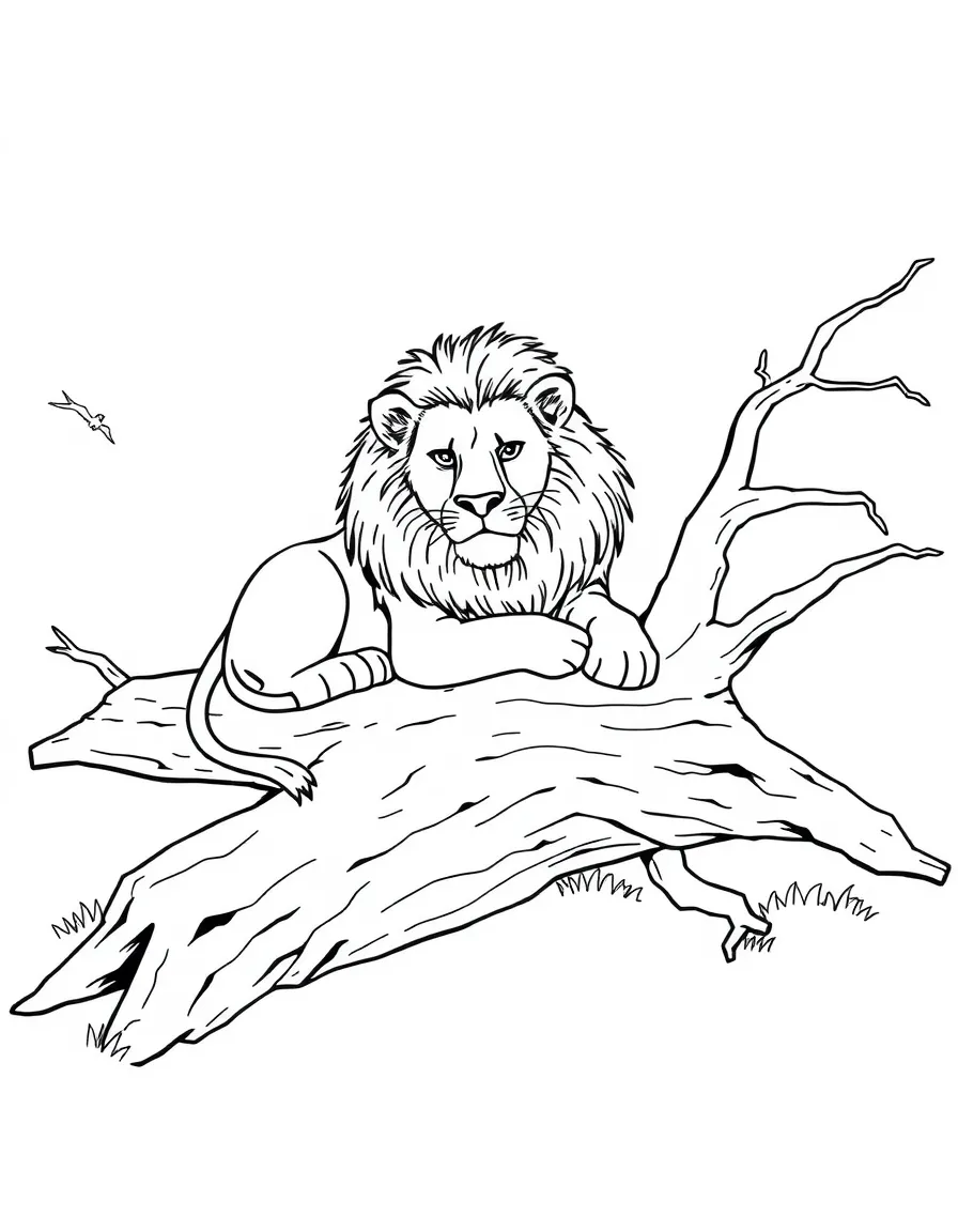 A lion resting on a fallen tree.