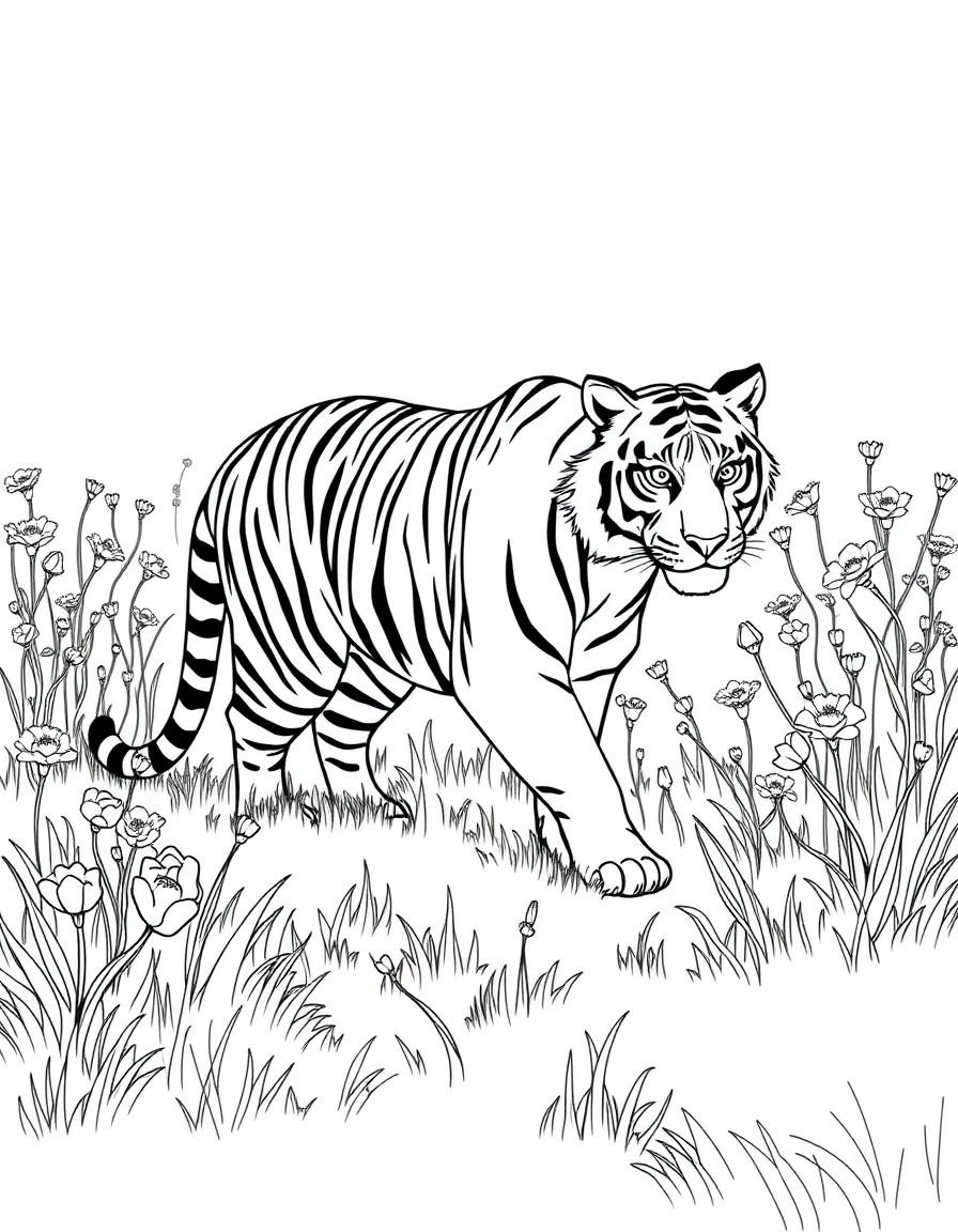 A tiger walking through a field of flowers.