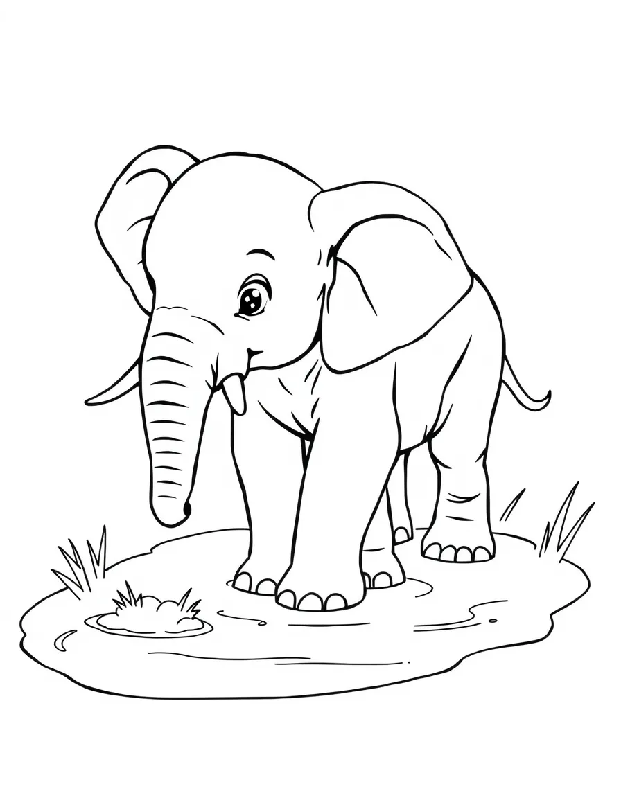 An elephant calf playing in a mud puddle.