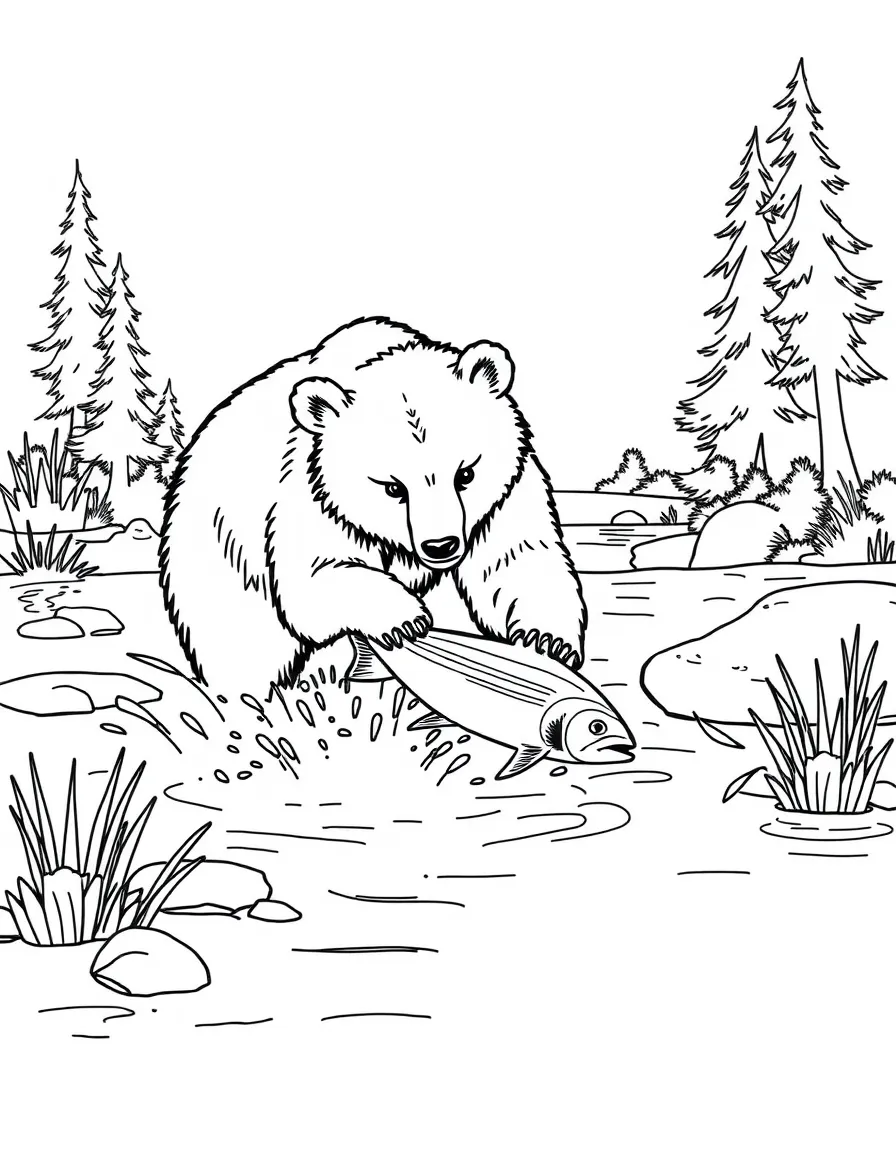 A bear catching fish in a river.