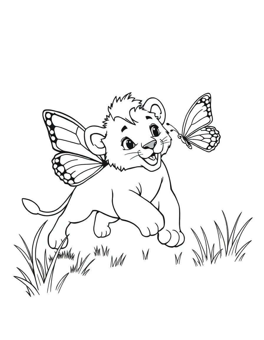 A lion cub chasing a butterfly.