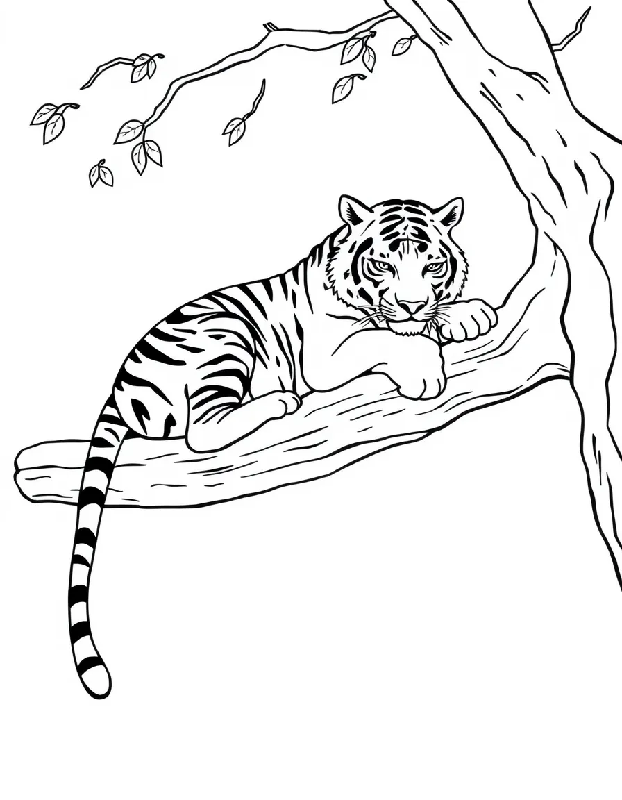 A tiger resting on a tree branch.