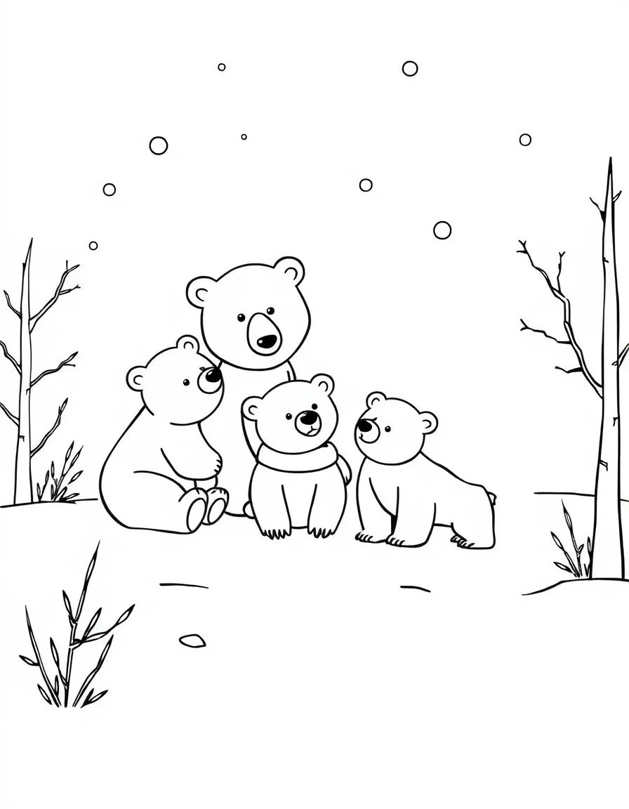 A bear family playing in the snow.