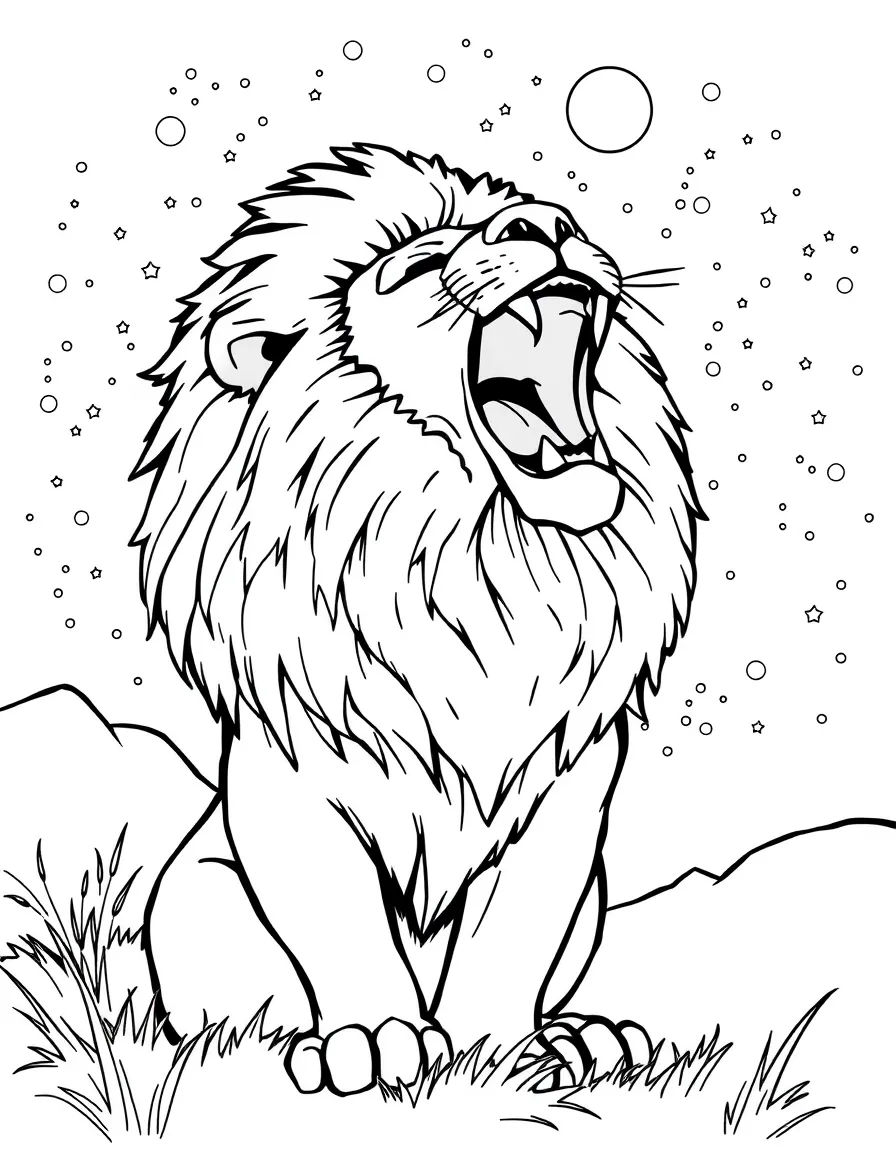 A lion roaring at the night sky.