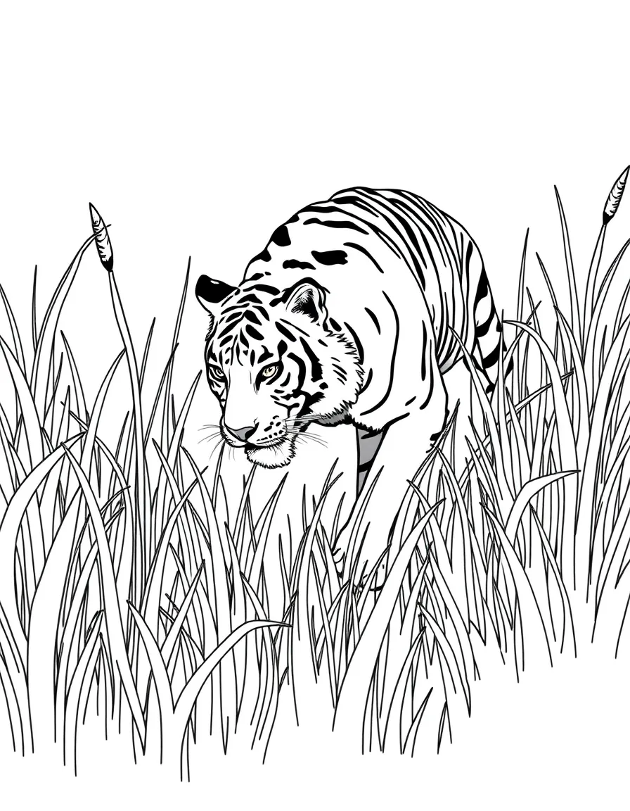 A tiger stalking prey in tall grass.