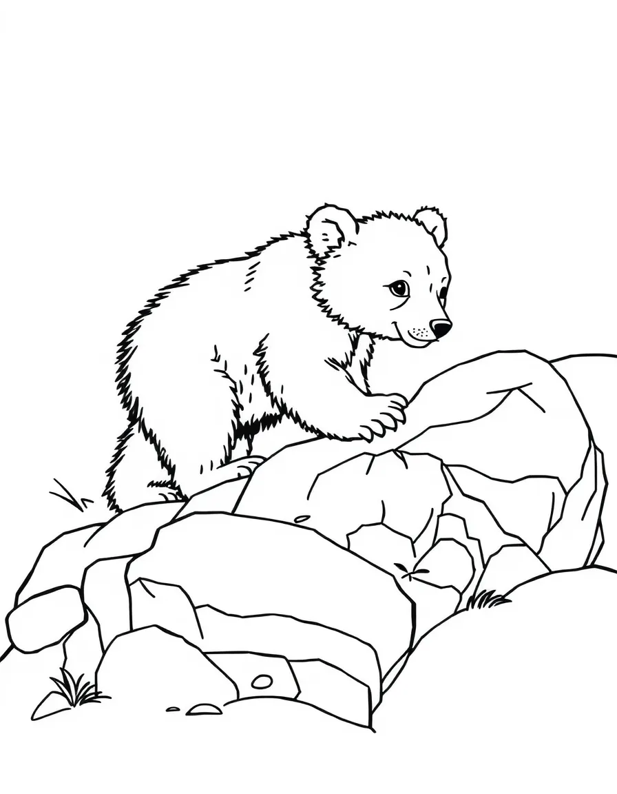 A bear cub exploring a rocky terrain.