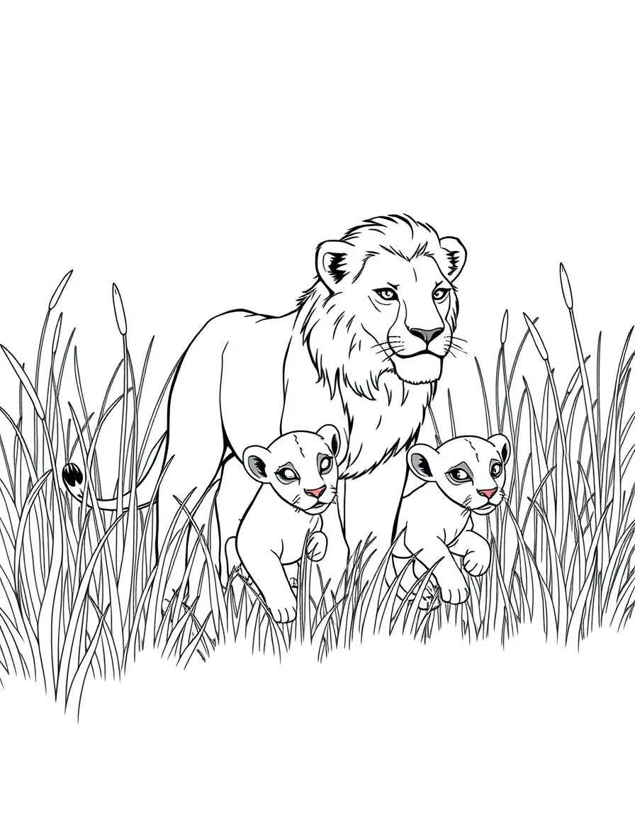A lioness leading her cubs through tall grass.