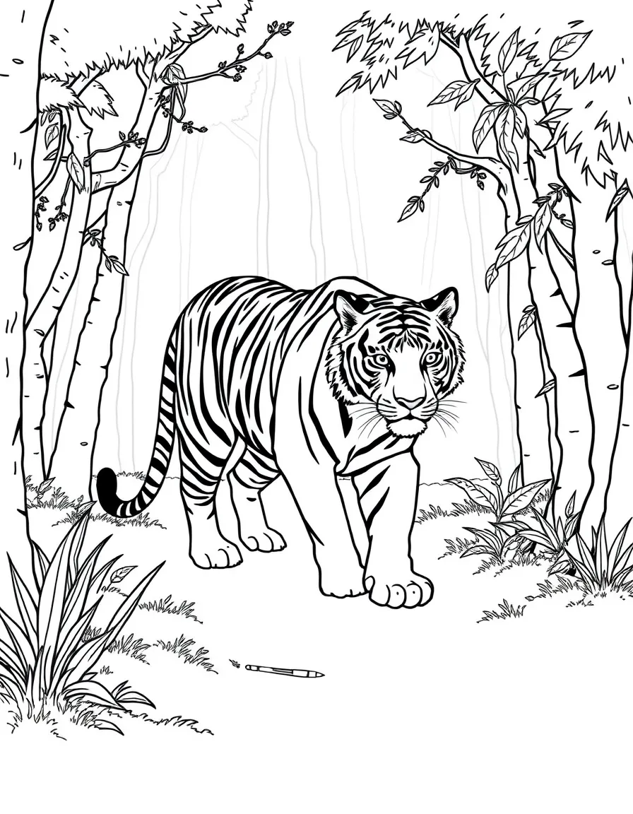 A tiger walking through a misty forest.
