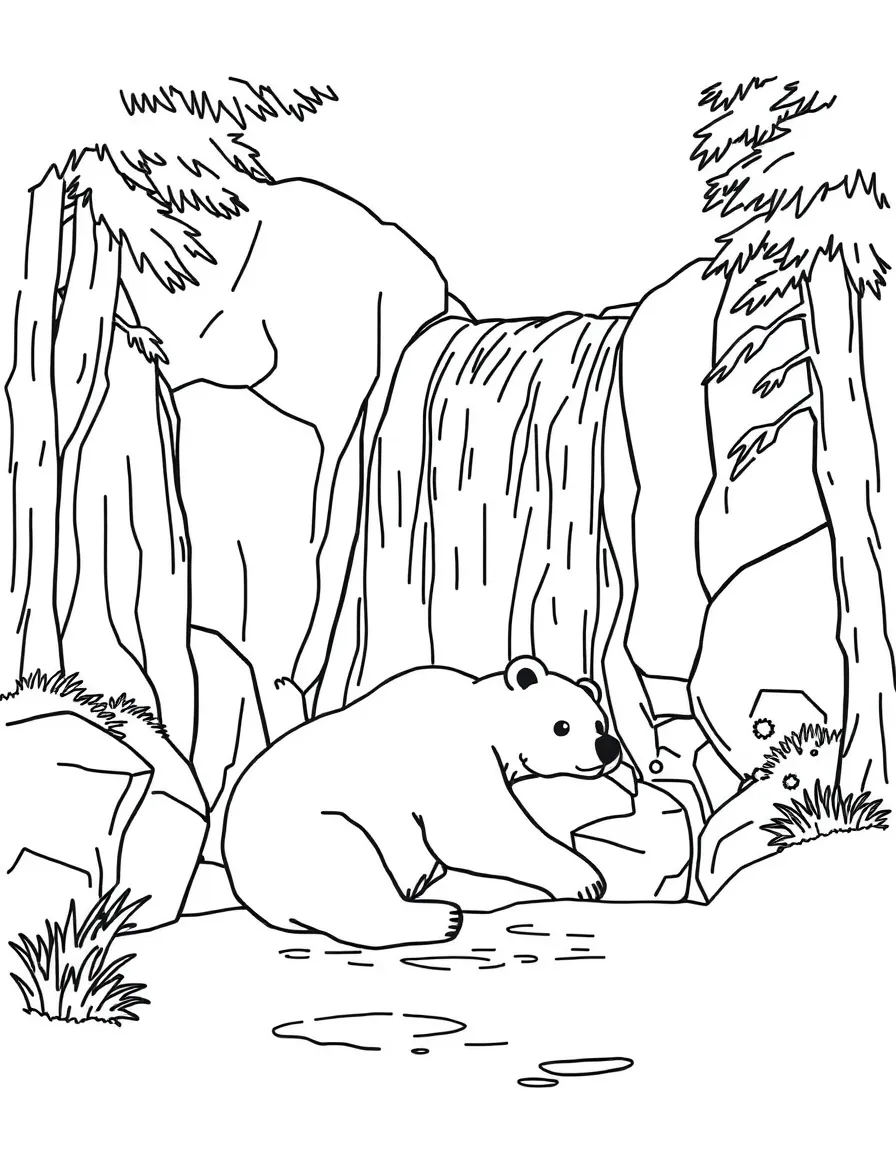 A bear resting under a waterfall.