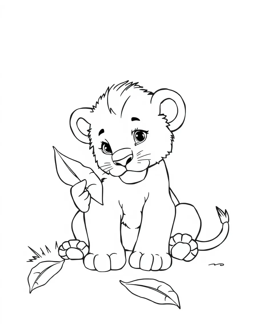 A lion cub playing with a fallen leaf.