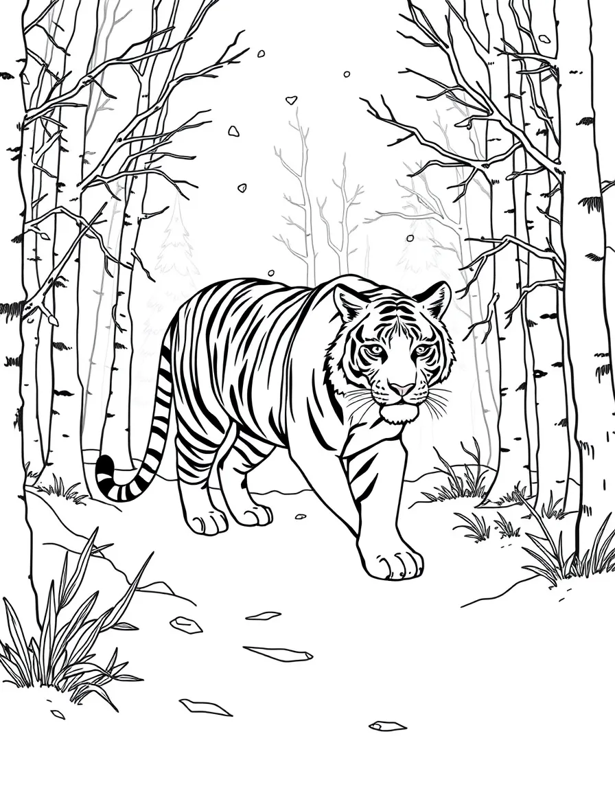 A tiger walking through a snowy forest.