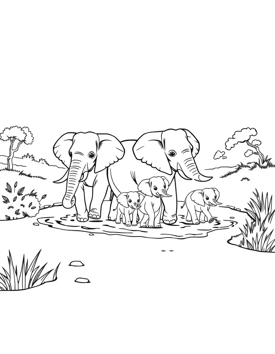 An elephant family crossing a river.
