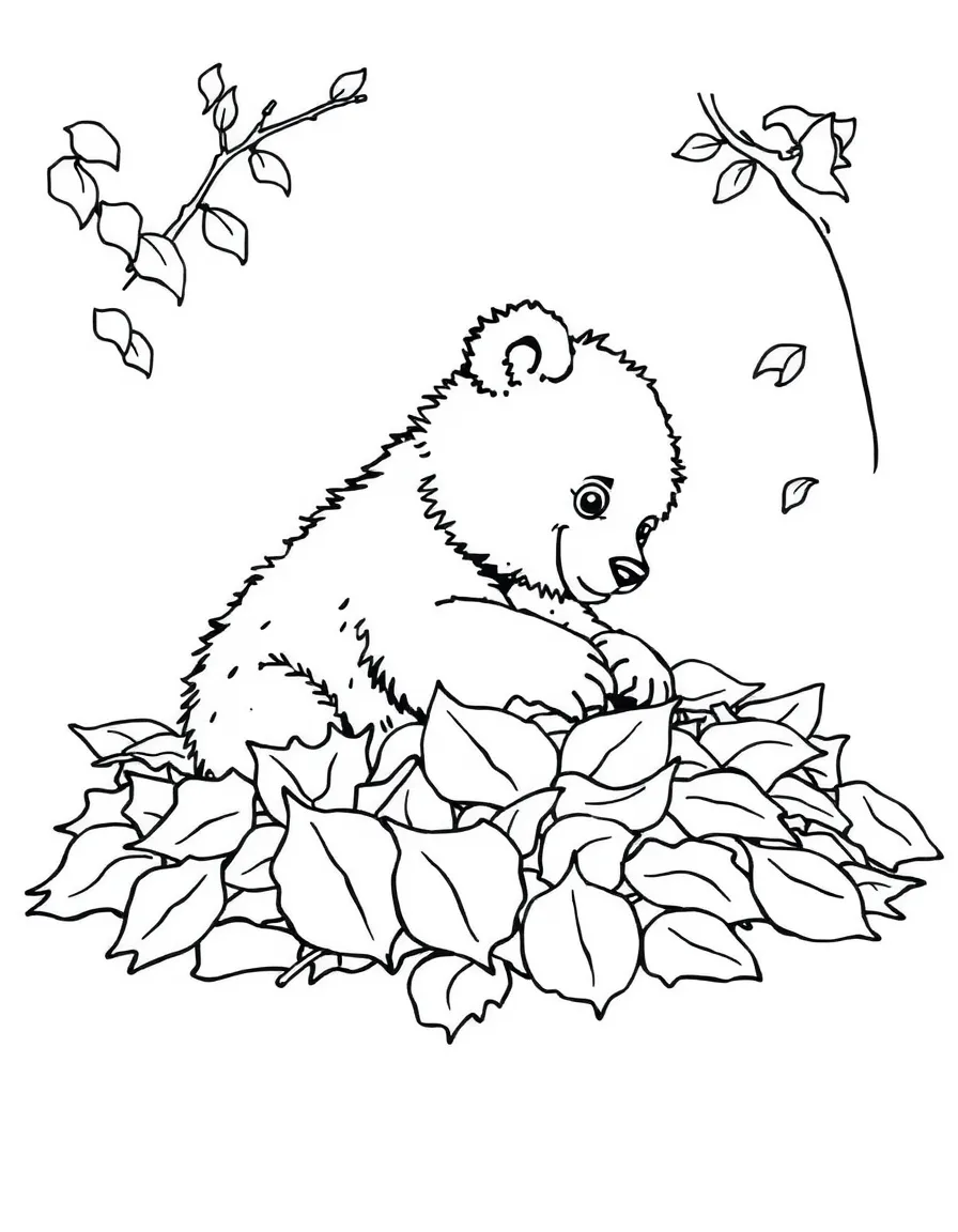 A bear cub playing in a pile of leaves.