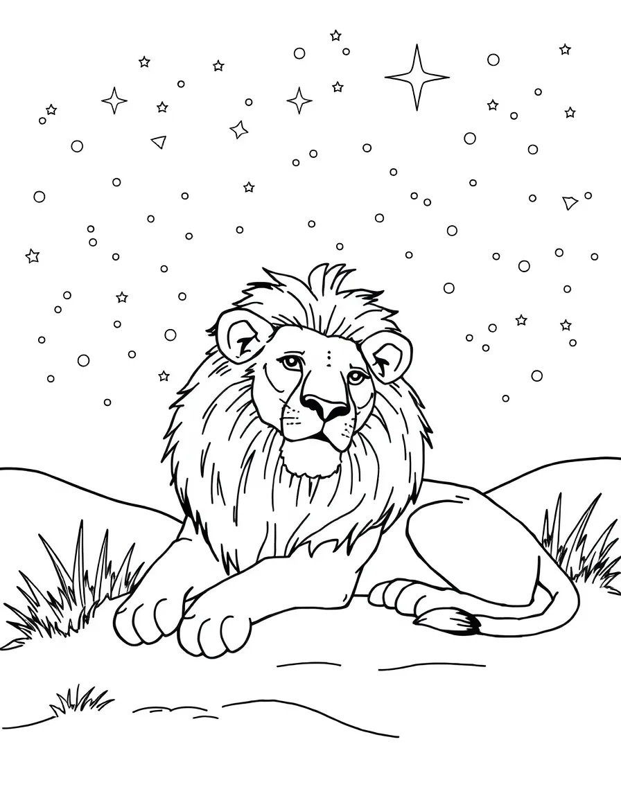 A lion resting under a starry sky.
