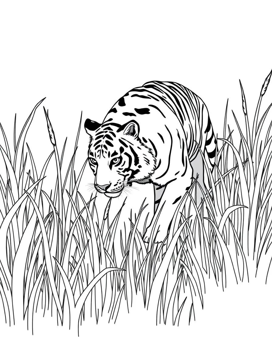 A tiger stalking prey in tall grass.