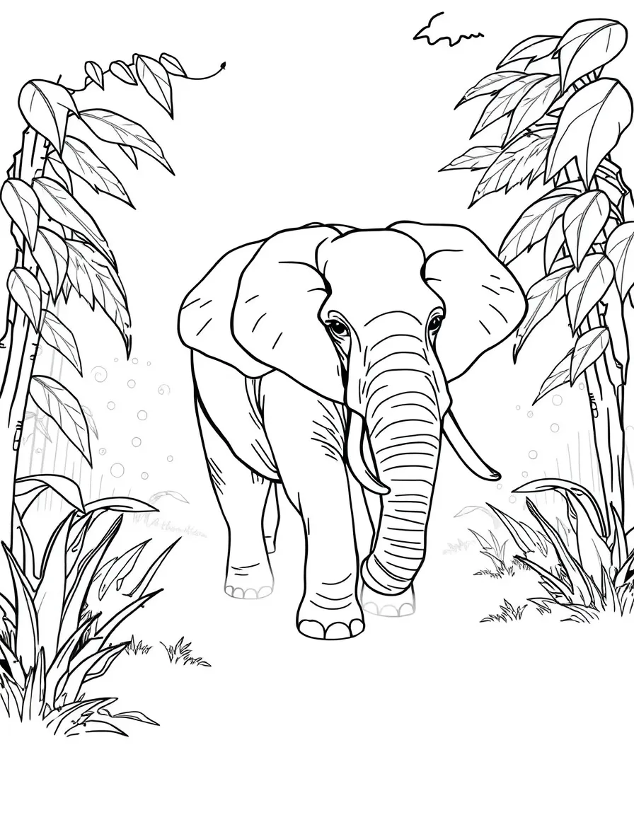 An elephant walking through a misty jungle.