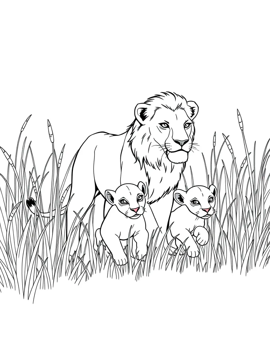 A lioness leading her cubs through tall grass.
