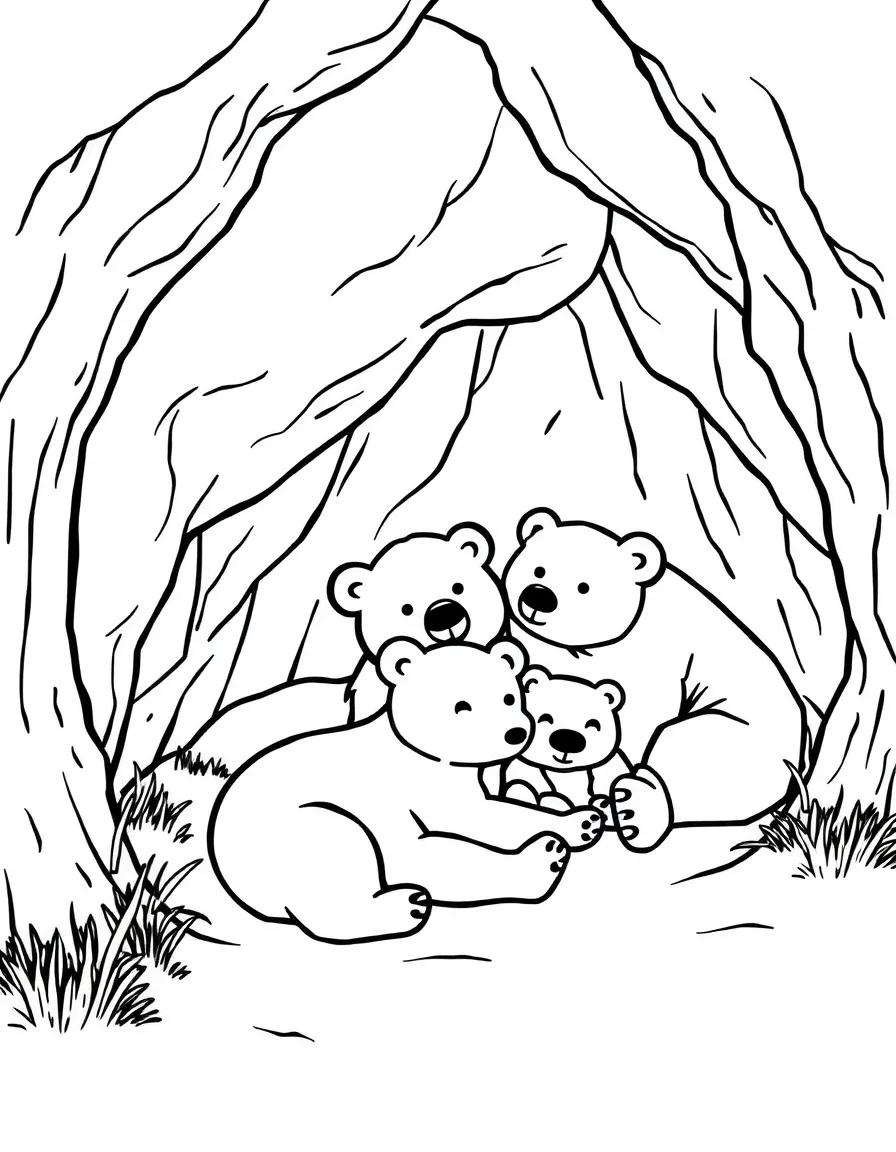 A bear family resting in a cave.