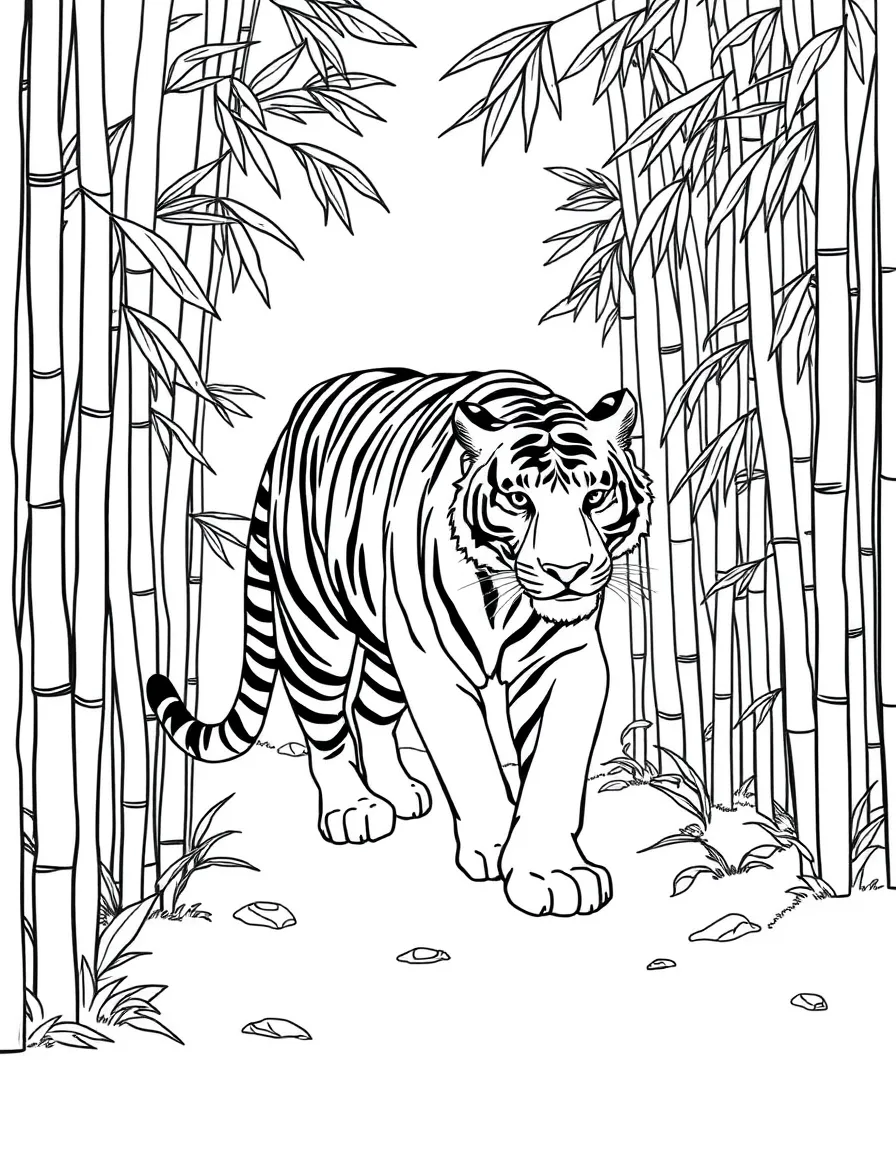 A tiger walking through a bamboo forest.