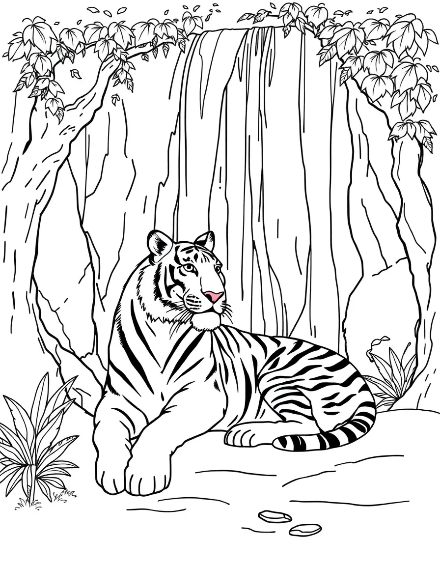 A tiger resting under a waterfall.