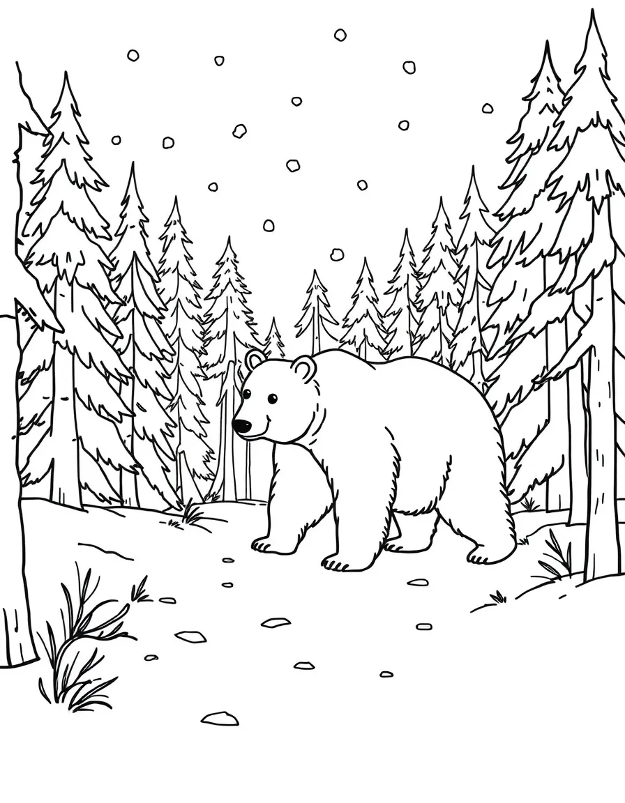 A bear walking through a snowy forest.