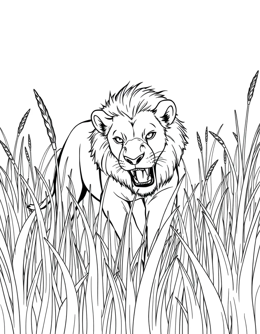 A lioness hunting in tall grass.