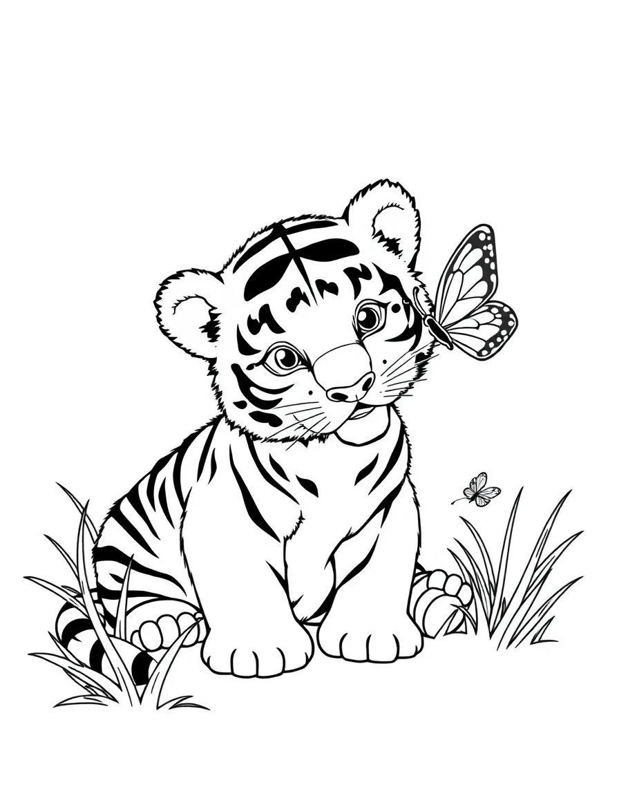 A tiger cub playing with a butterfly.