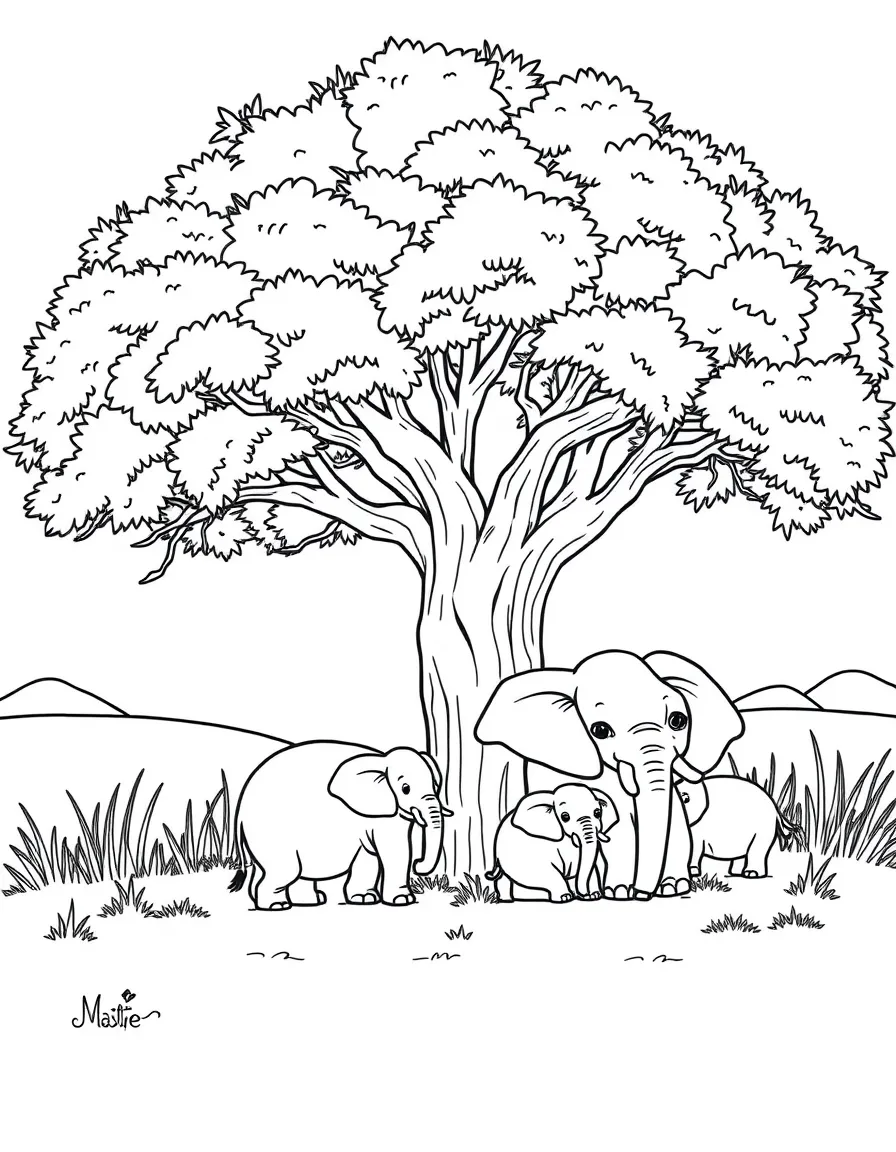 An elephant family resting under a large tree.