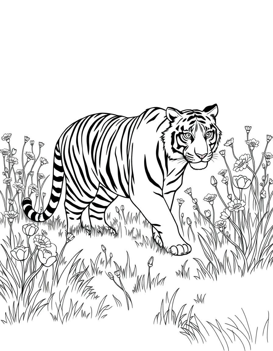 A tiger walking through a field of flowers.