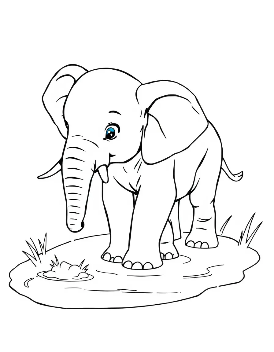An elephant calf playing in a mud puddle.