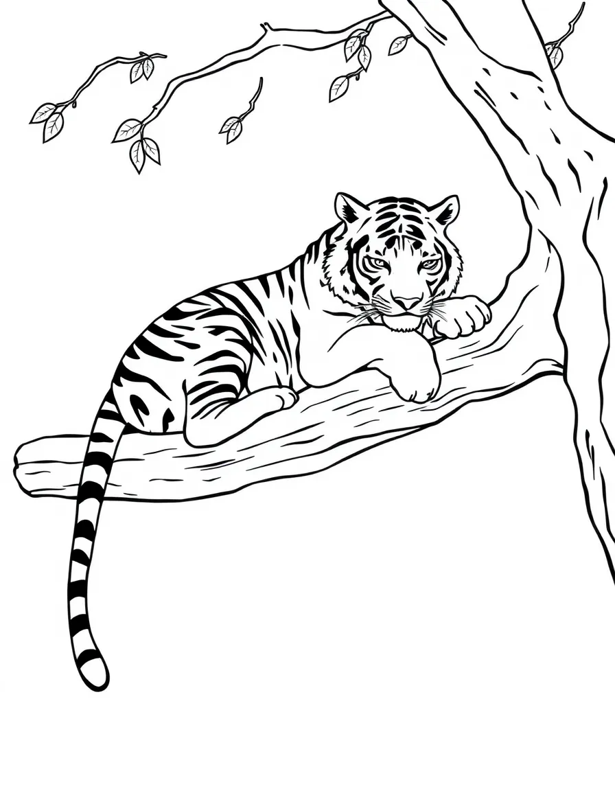 A tiger resting on a tree branch.