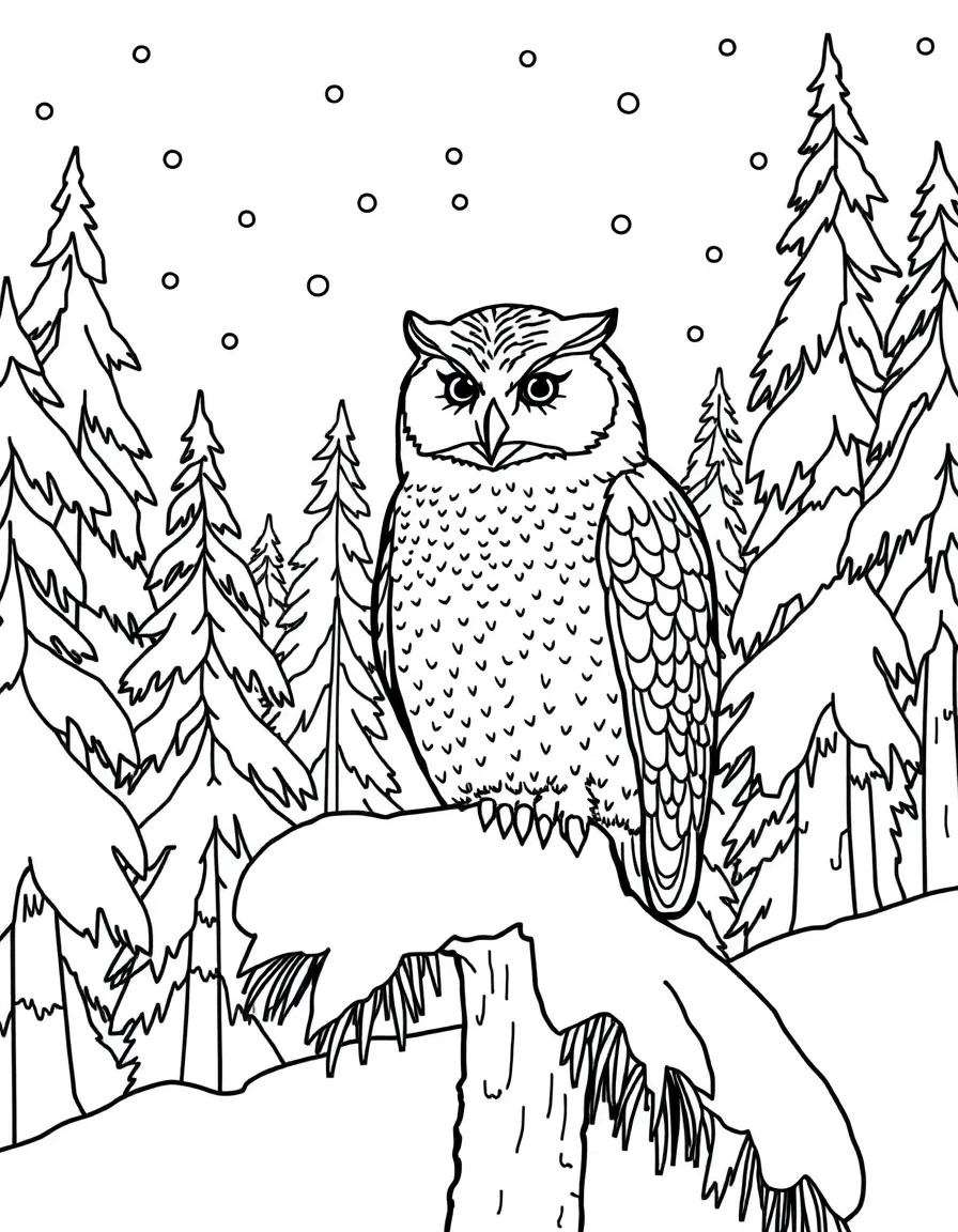 A snowy owl sitting on a pine tree in a winter forest  