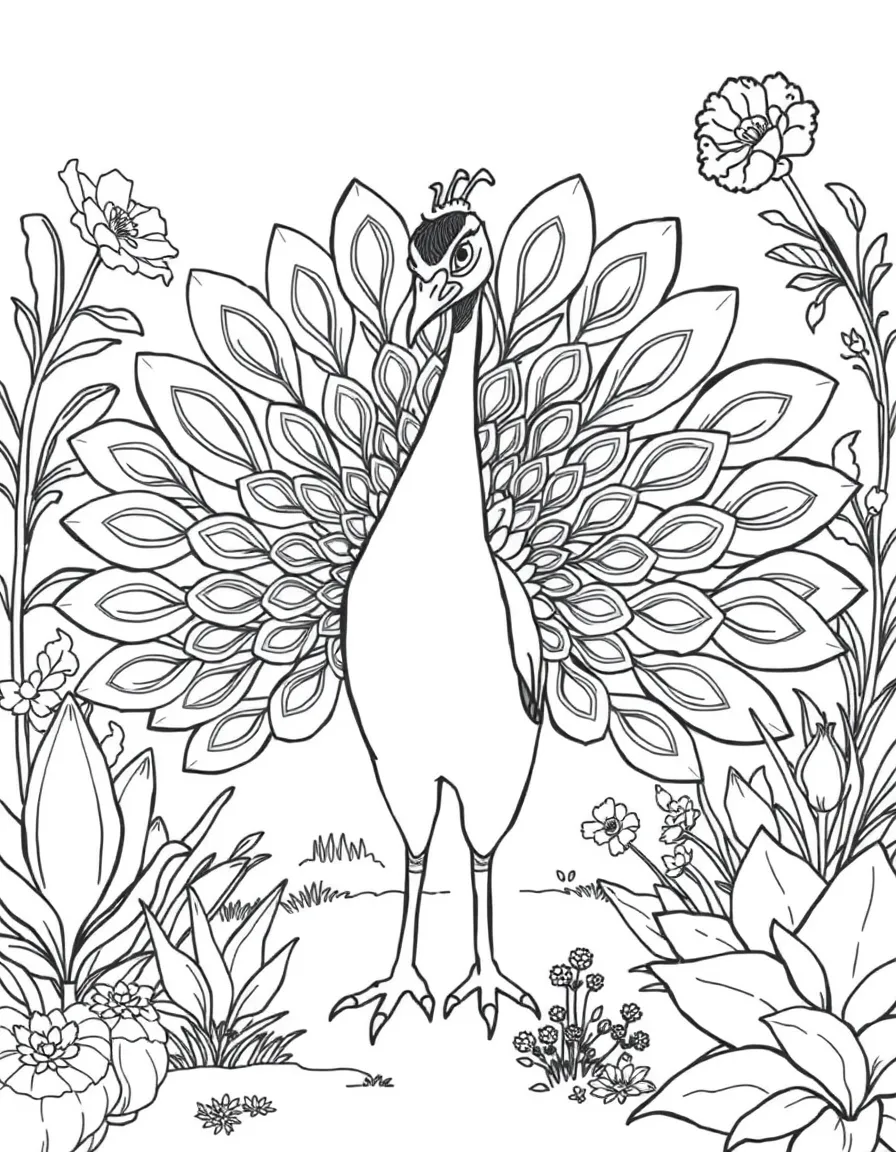 A peacock spreading its beautiful feathers in a garden  