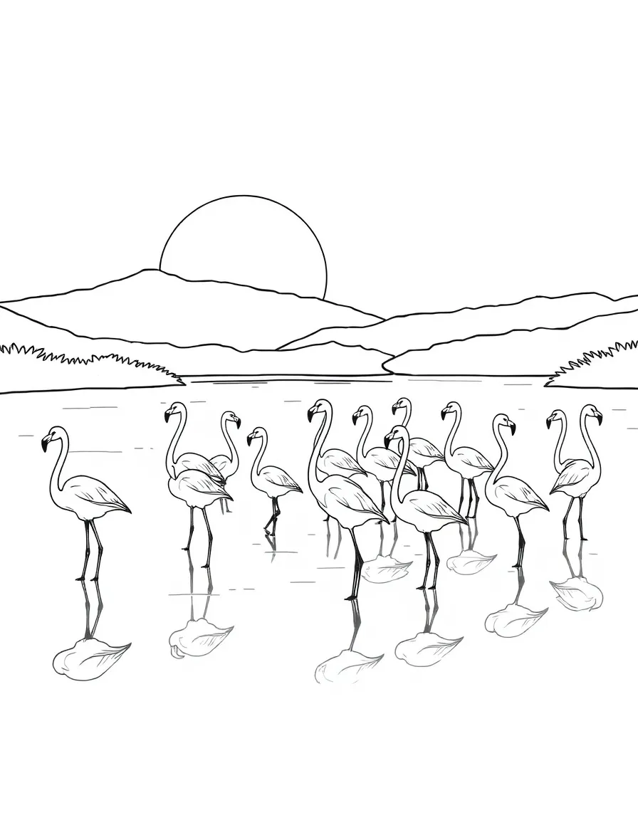 A flock of flamingos standing in a shallow lake at sunset  