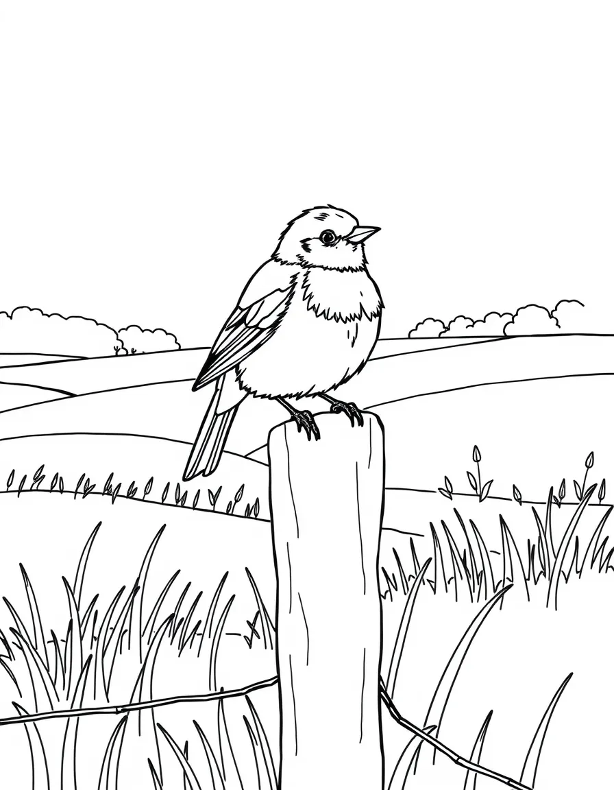 A tiny robin sitting on a fence post in a countryside field  