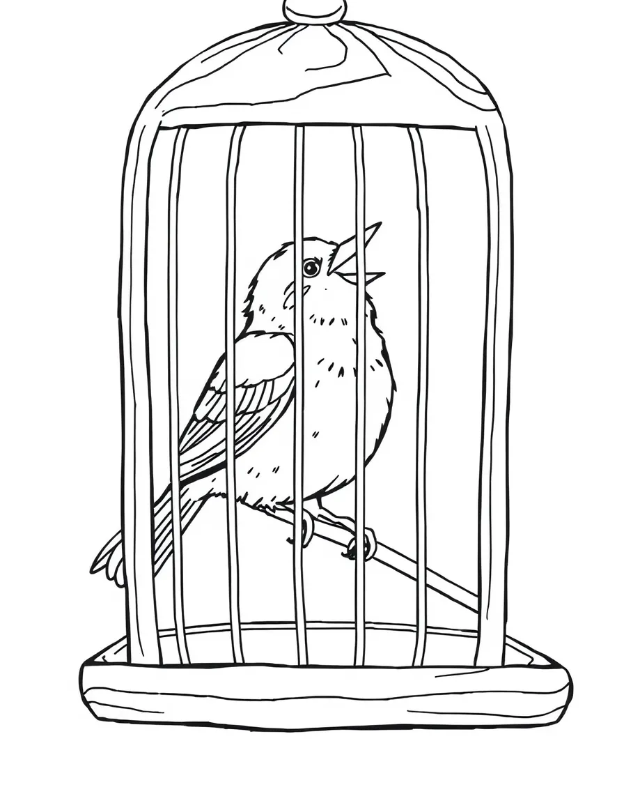 A canary singing inside a wooden birdcage  